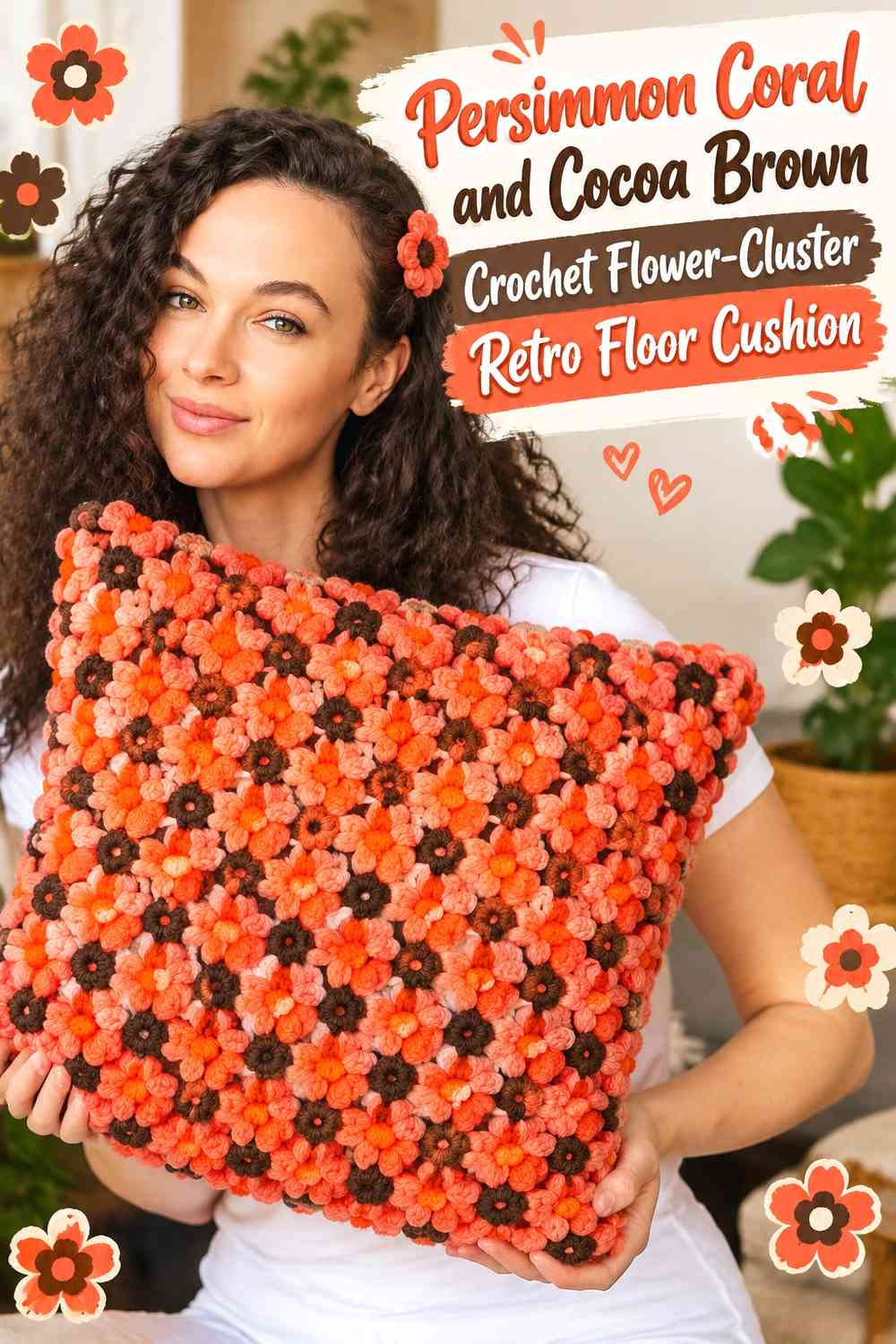 Persimmon Coral and Cocoa Brown Crochet Flower-Cluster Retro Floor Cushion