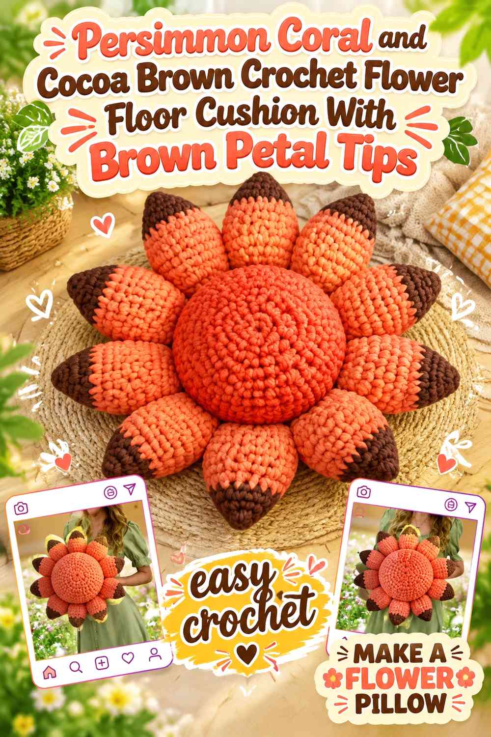 Persimmon Coral and Cocoa Brown Crochet Flower Floor Cushion With Brown Petal Tips