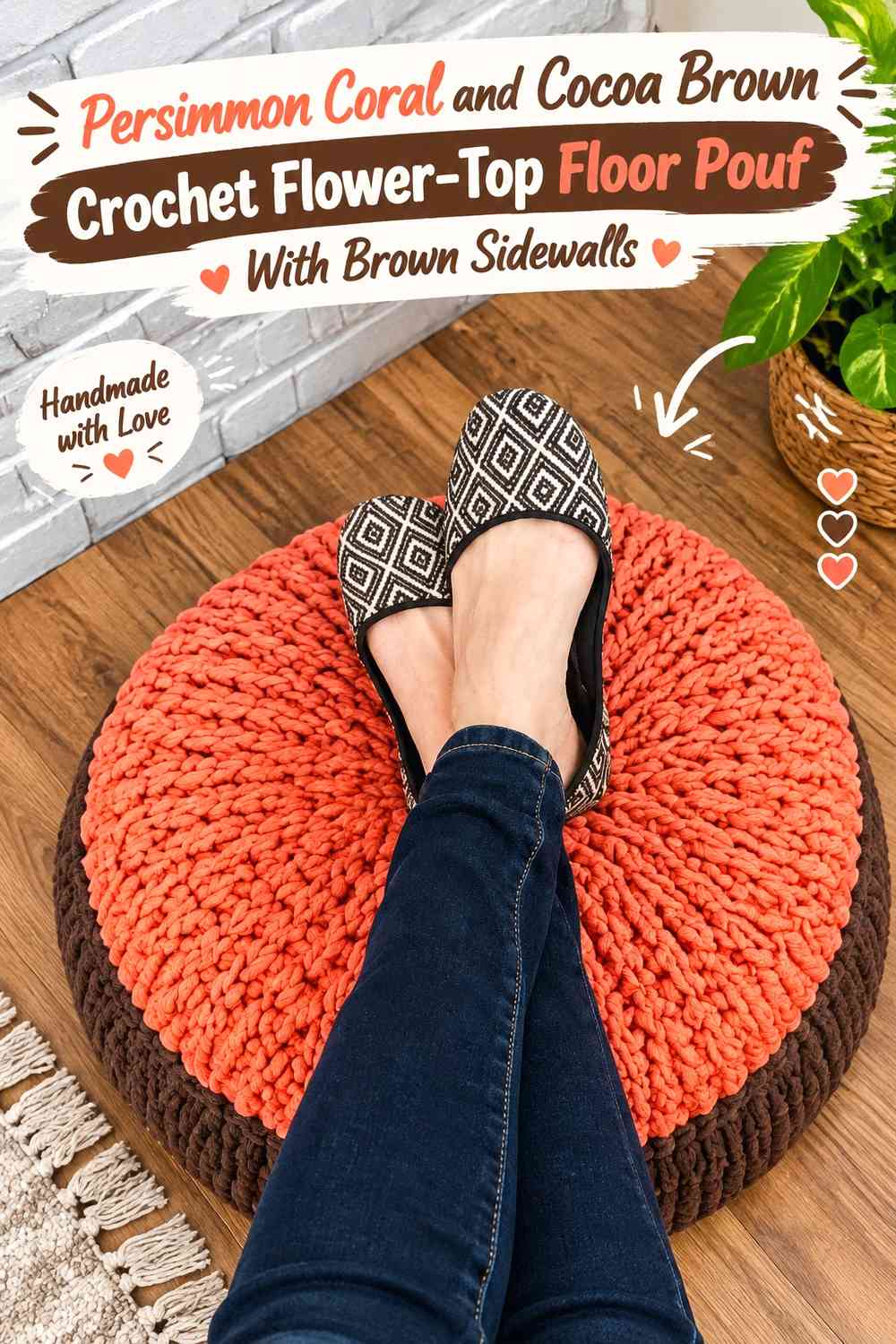 Persimmon Coral and Cocoa Brown Crochet Flower-Top Floor Pouf With Brown Sidewalls