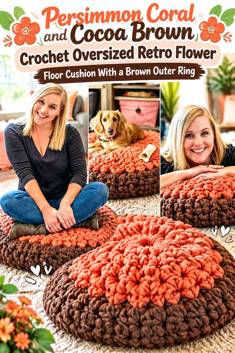 Persimmon Coral and Cocoa Brown Crochet Oversized Retro Flower Floor Cushion With a Brown Outer Ring