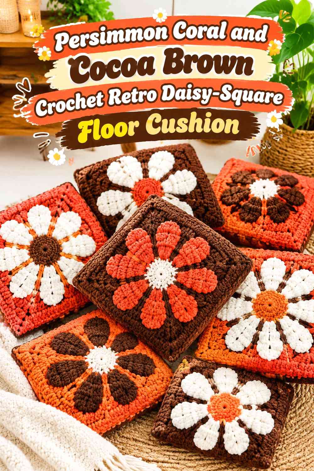 Persimmon Coral and Cocoa Brown Crochet Retro Daisy-Square Floor Cushion