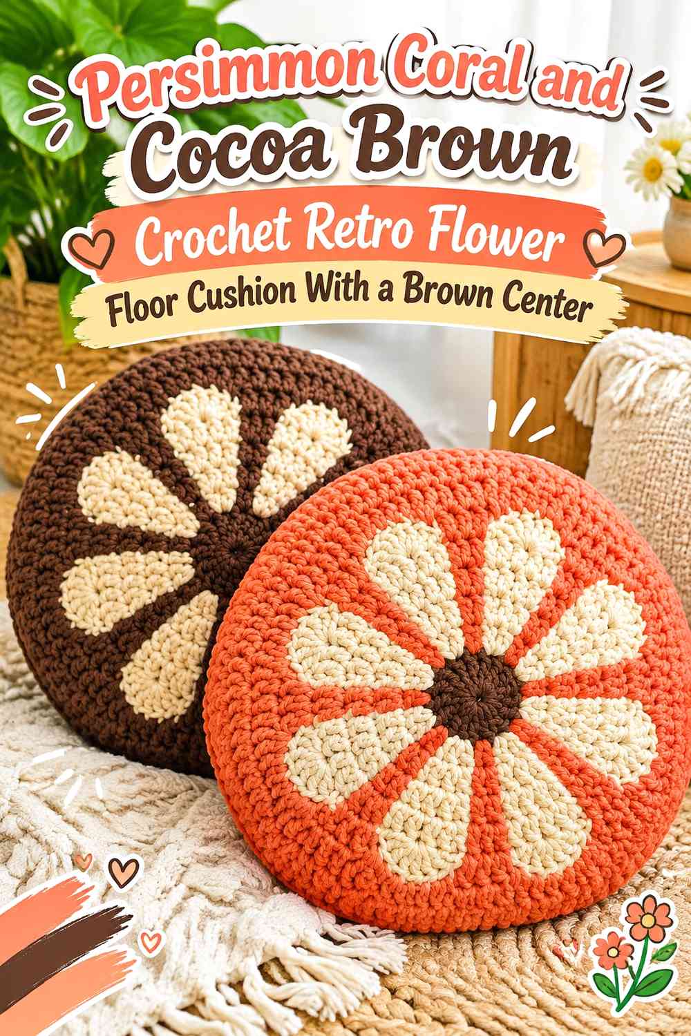 Persimmon Coral and Cocoa Brown Crochet Retro Flower Floor Cushion With a Brown Center