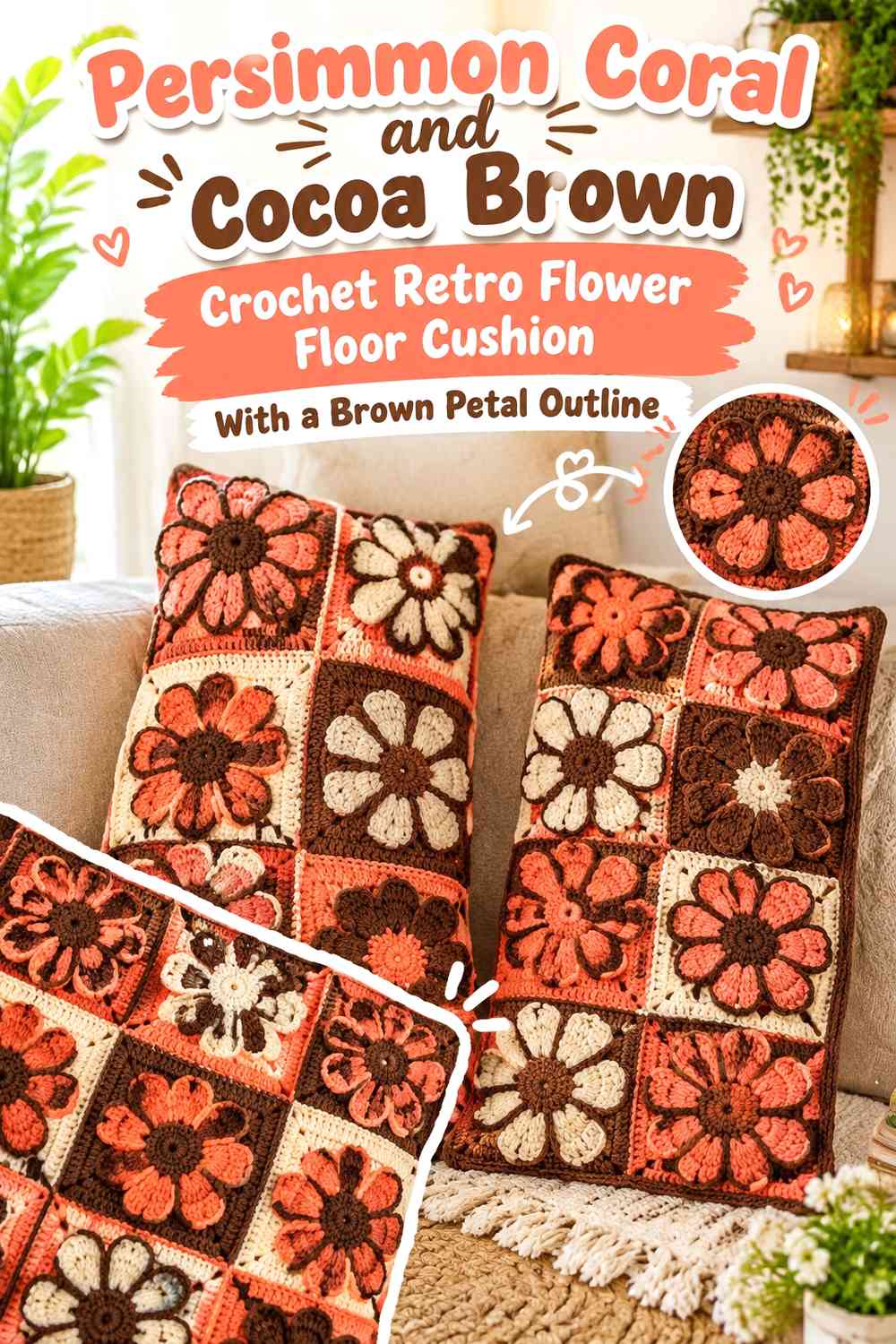 Persimmon Coral and Cocoa Brown Crochet Retro Flower Floor Cushion With a Brown Petal Outline