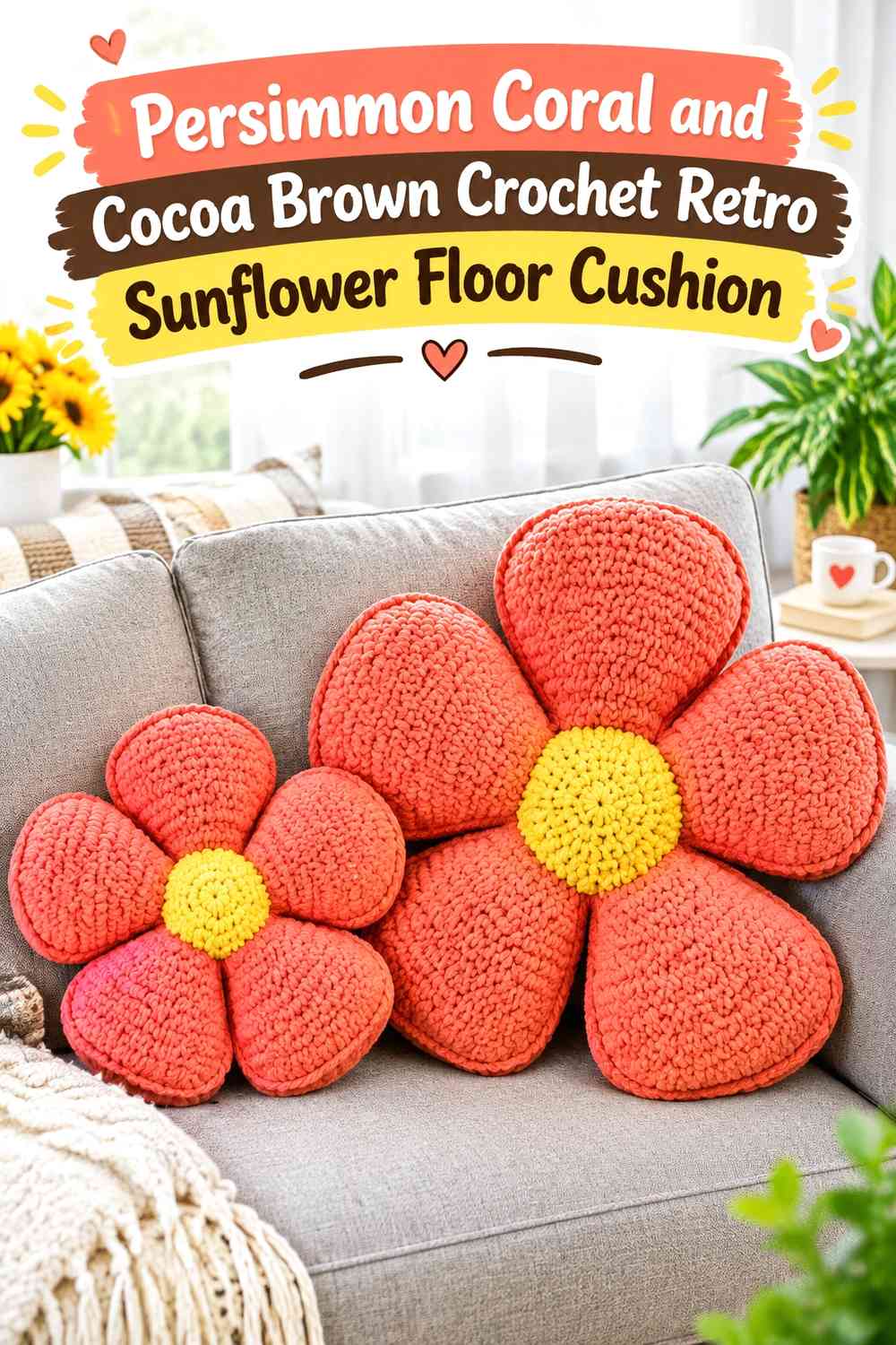 Persimmon Coral and Cocoa Brown Crochet Retro Sunflower Floor Cushion
