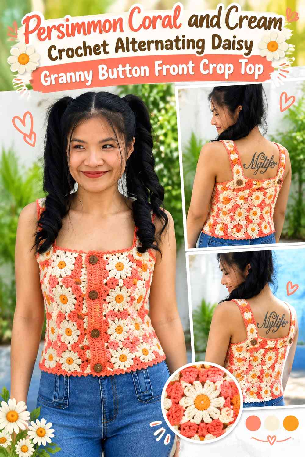 Persimmon Coral and Cream Crochet Alternating Daisy Granny Button Front Crop Top