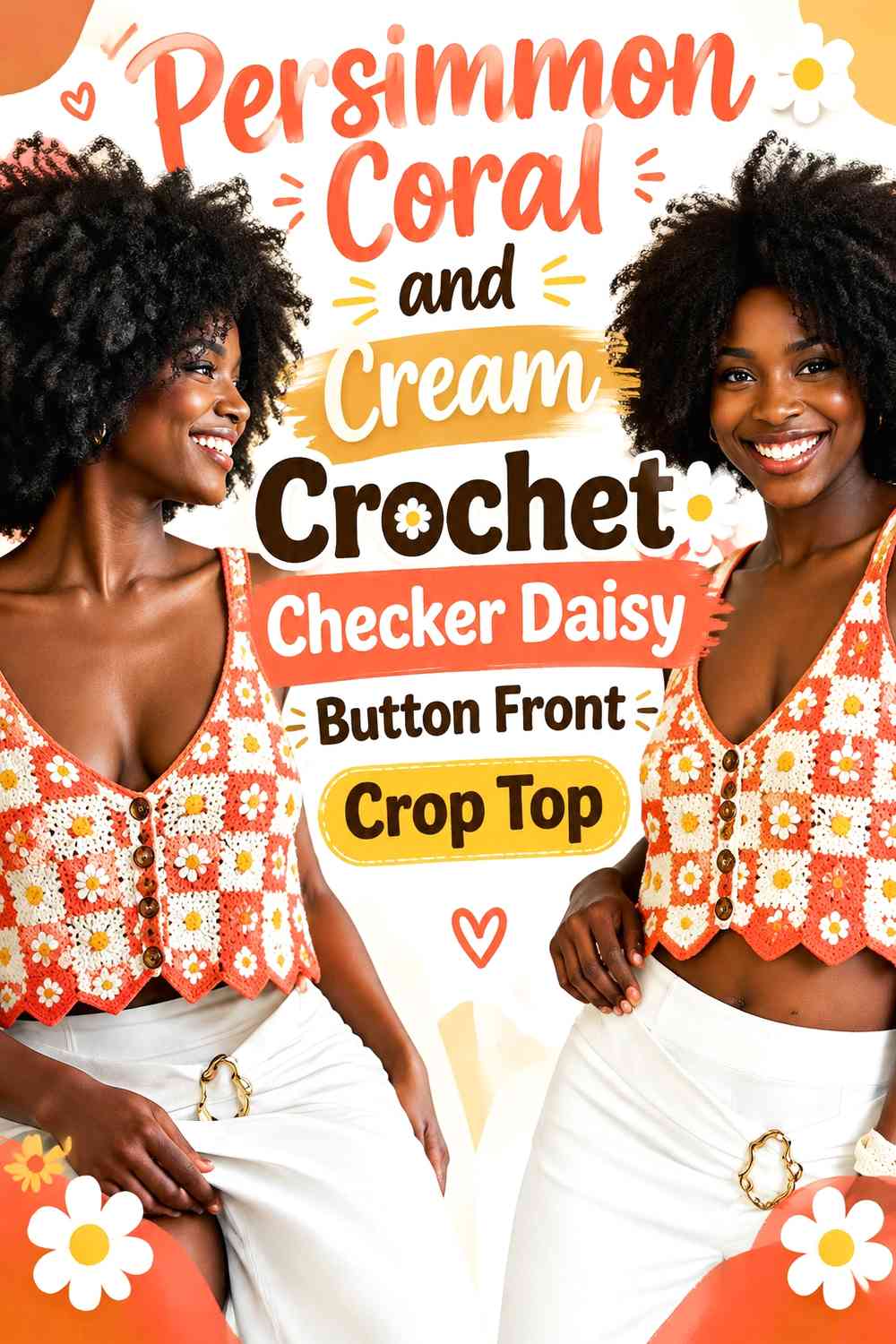Persimmon Coral and Cream Crochet Checker Daisy Button Front Crop Top