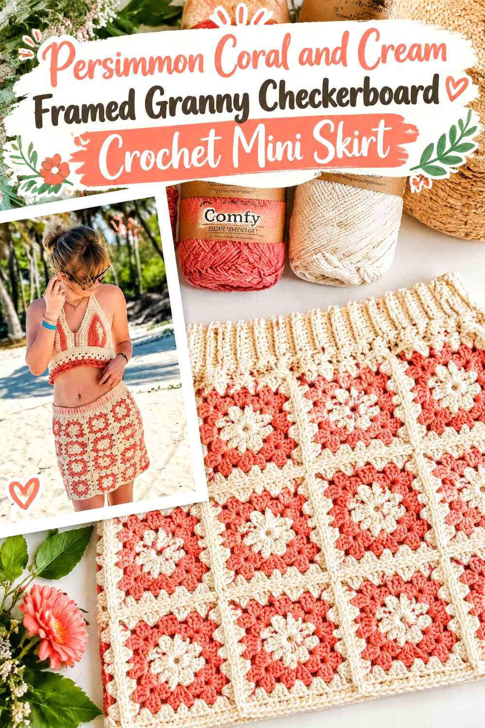 Persimmon Coral and Cream Framed Granny Checkerboard Crochet Mini Skirt
