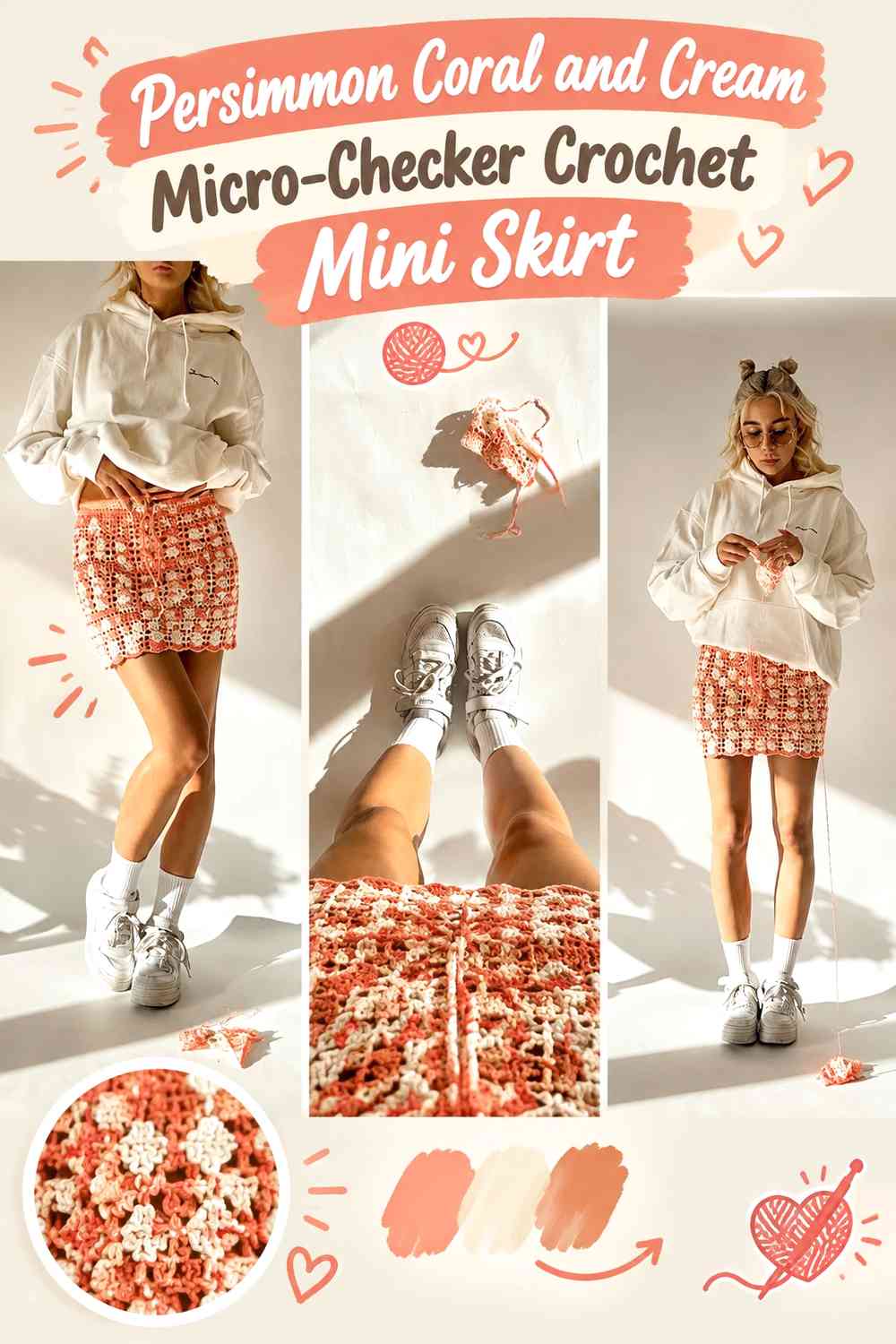 Persimmon Coral and Cream Micro-Checker Crochet Mini Skirt
