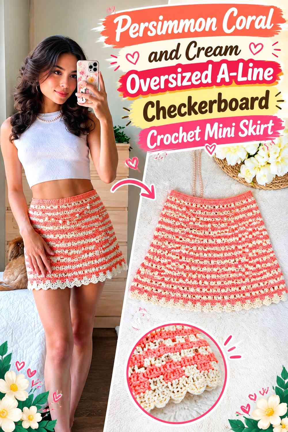 Persimmon Coral and Cream Oversized A-Line Checkerboard Crochet Mini Skirt