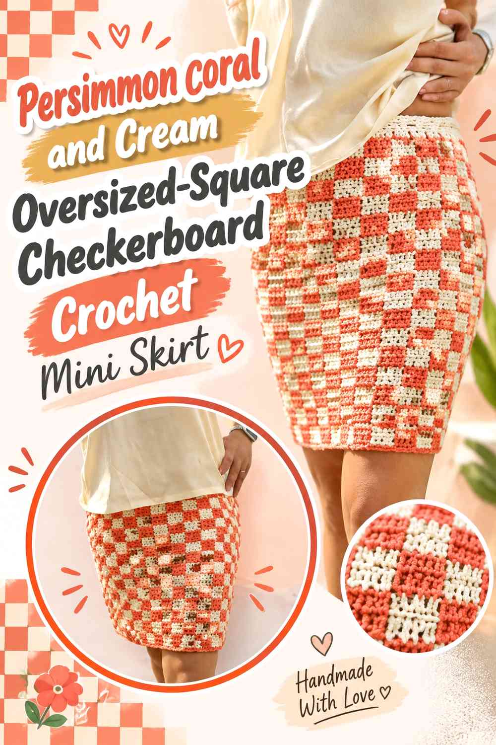 Persimmon Coral and Cream Oversized-Square Checkerboard Crochet Mini Skirt
