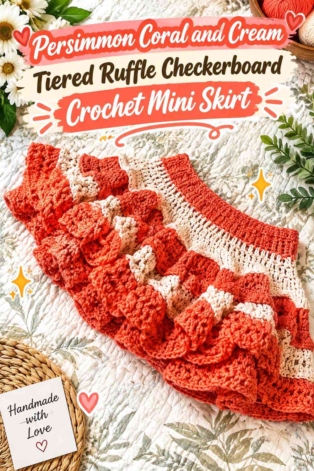 Persimmon Coral and Cream Tiered Ruffle Checkerboard Crochet Mini Skirt