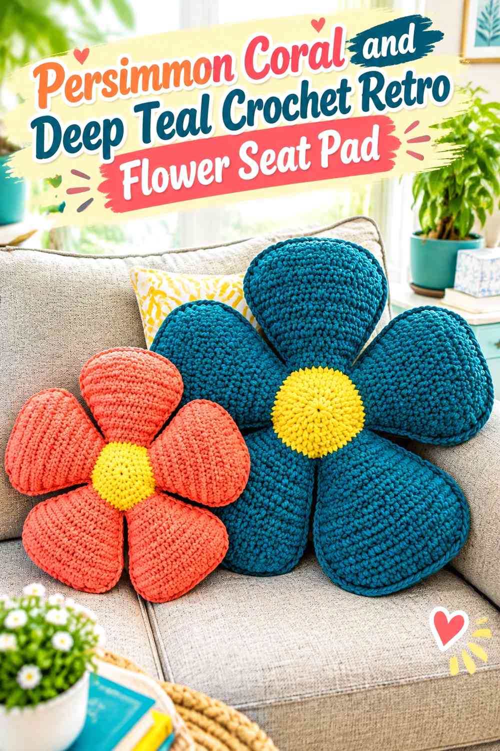 Persimmon Coral and Deep Teal Crochet Retro Flower Seat Pad