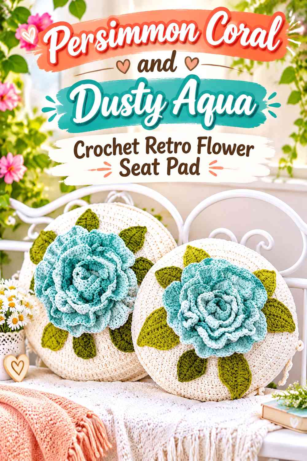 Persimmon Coral and Dusty Aqua Crochet Retro Flower Seat Pad