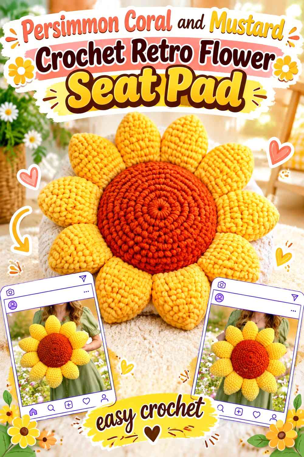 Persimmon Coral and Mustard Crochet Retro Flower Seat Pad