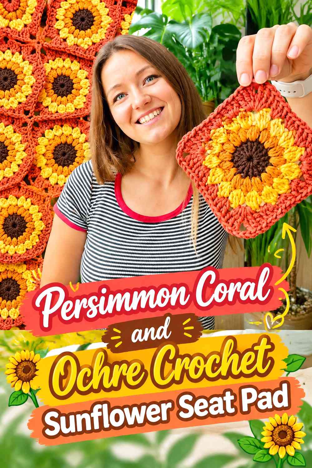 Persimmon Coral and Ochre Crochet Sunflower Seat Pad