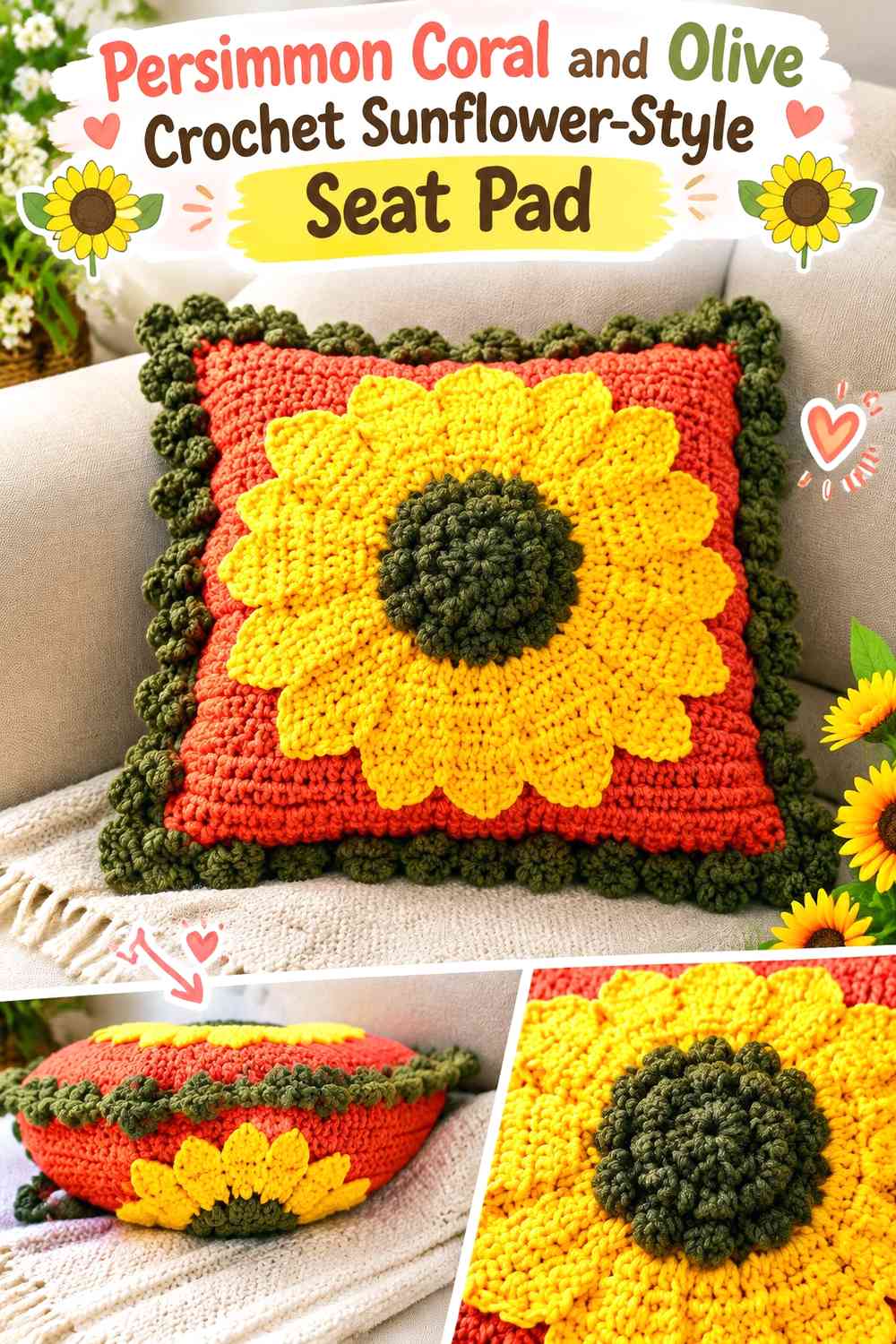 Persimmon Coral and Olive Crochet Sunflower-Style Seat Pad