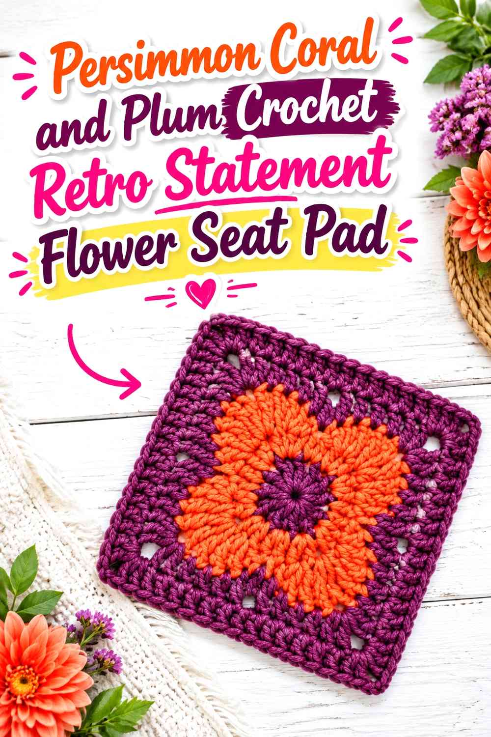 Persimmon Coral and Plum Crochet Retro Statement Flower Seat Pad