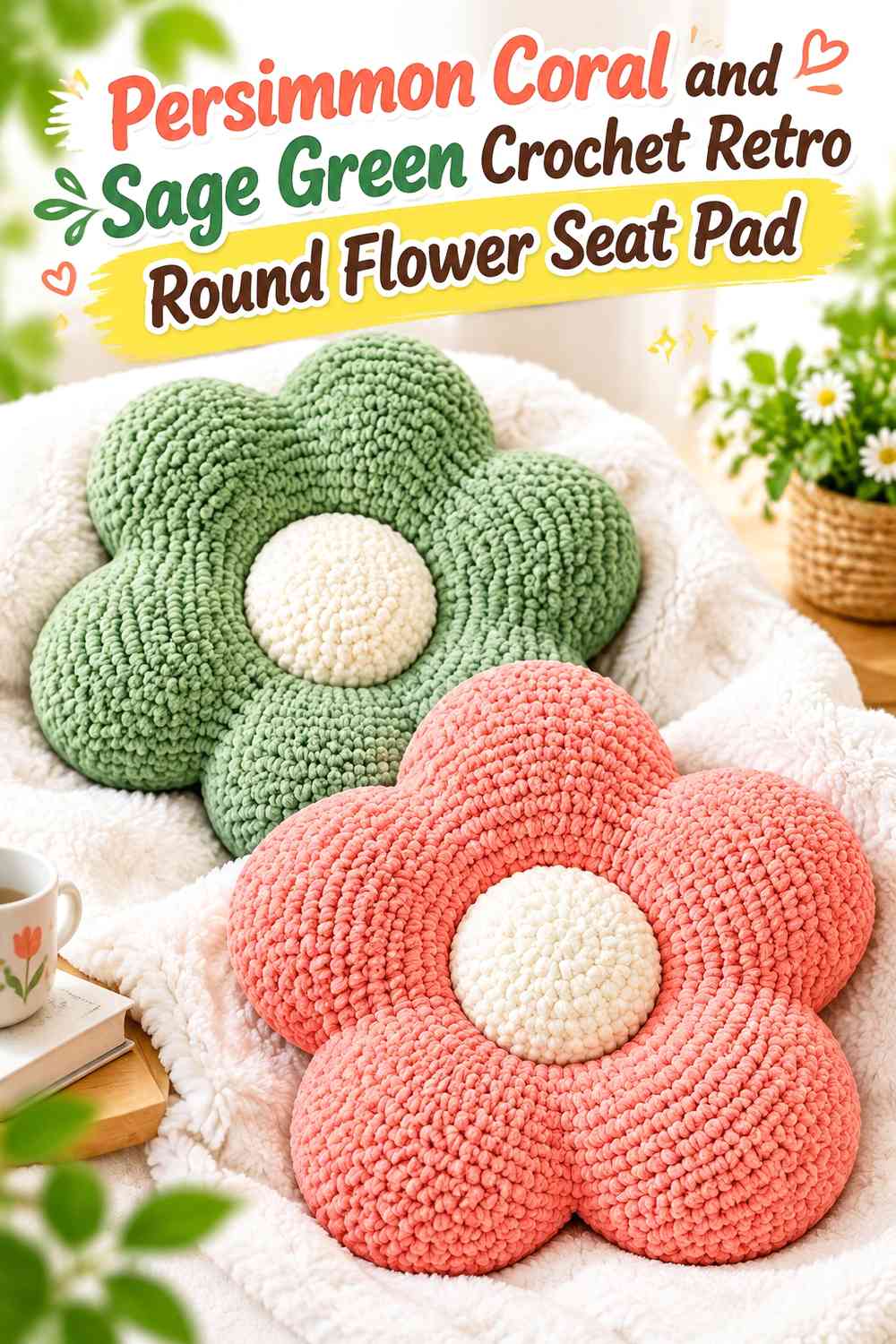 Persimmon Coral and Sage Green Crochet Retro Round Flower Seat Pad
