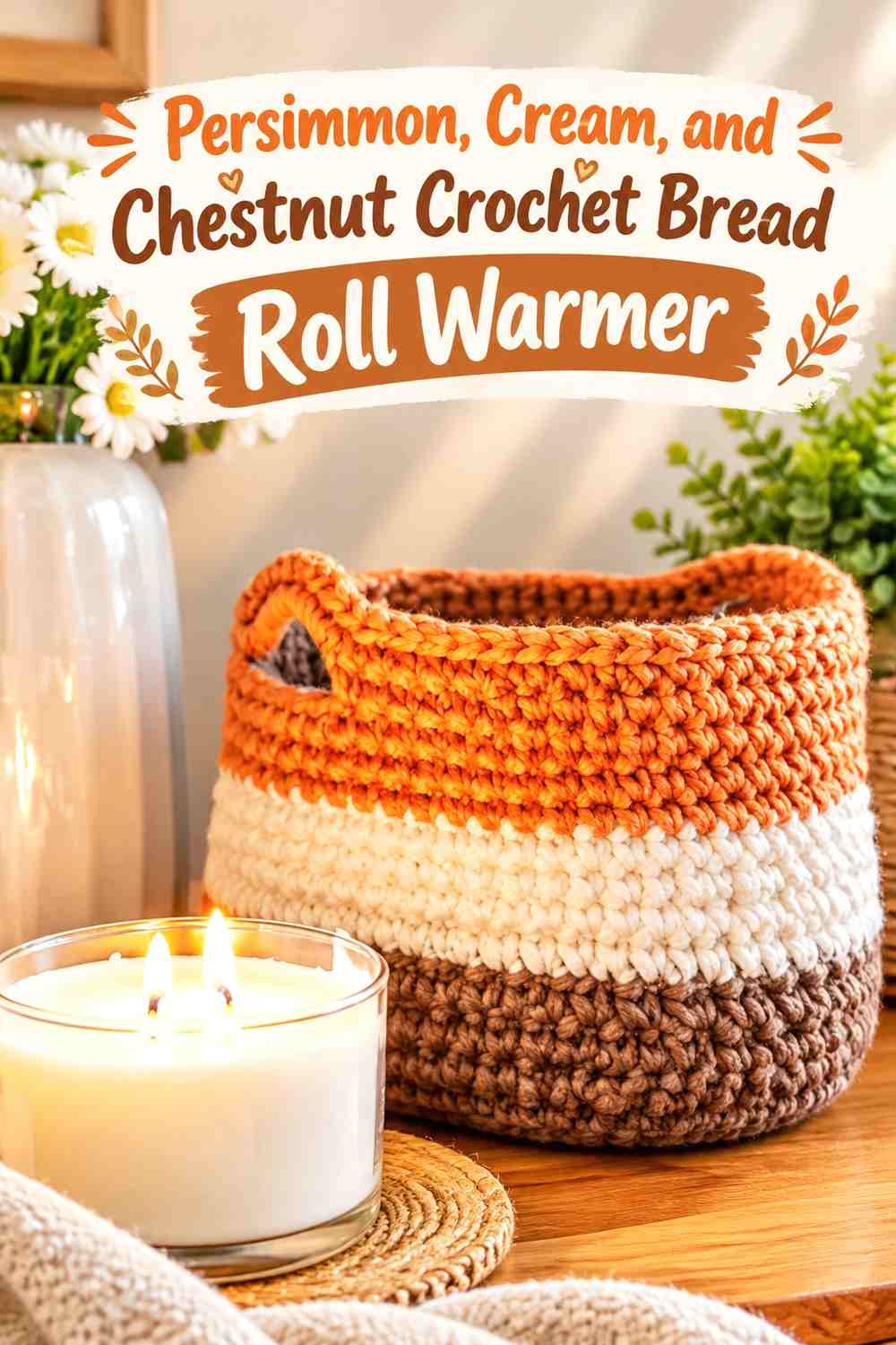 Persimmon, Cream, and Chestnut Crochet Bread Roll Warmer