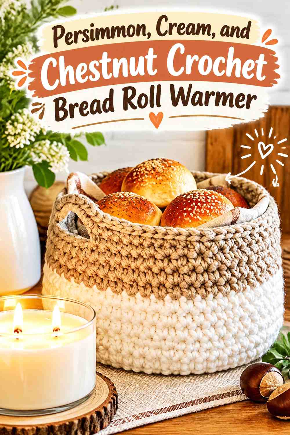 Persimmon, Cream, and Chestnut Crochet Bread Roll Warmer