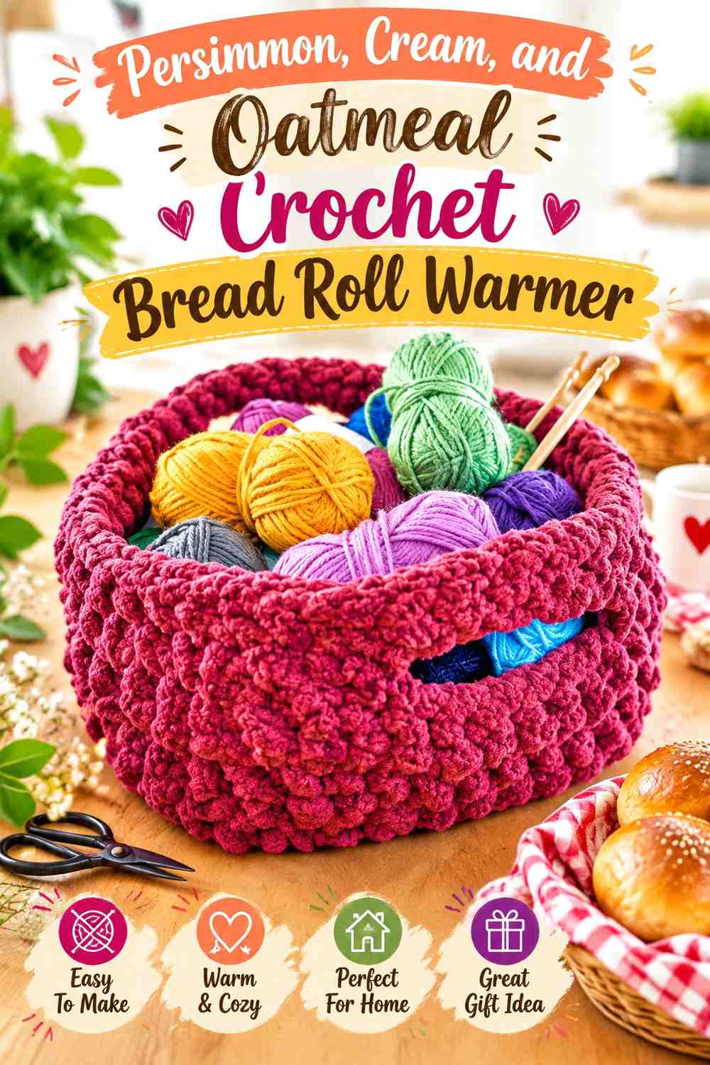 Persimmon, Cream, and Oatmeal Crochet Bread Roll Warmer