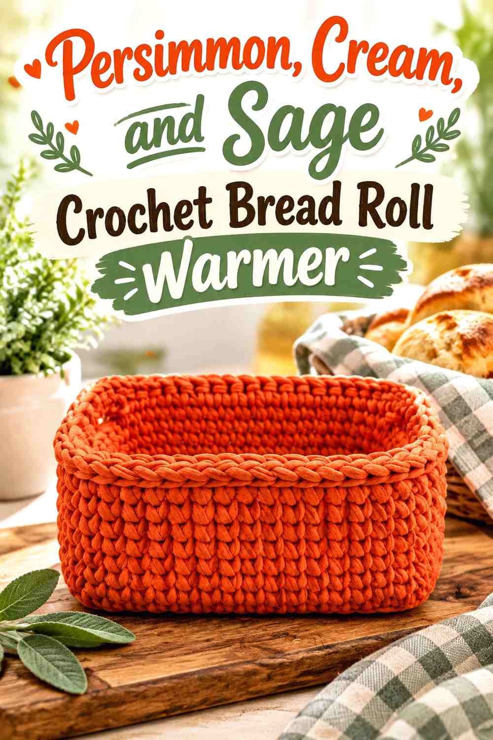 Persimmon, Cream, and Sage Crochet Bread Roll Warmer