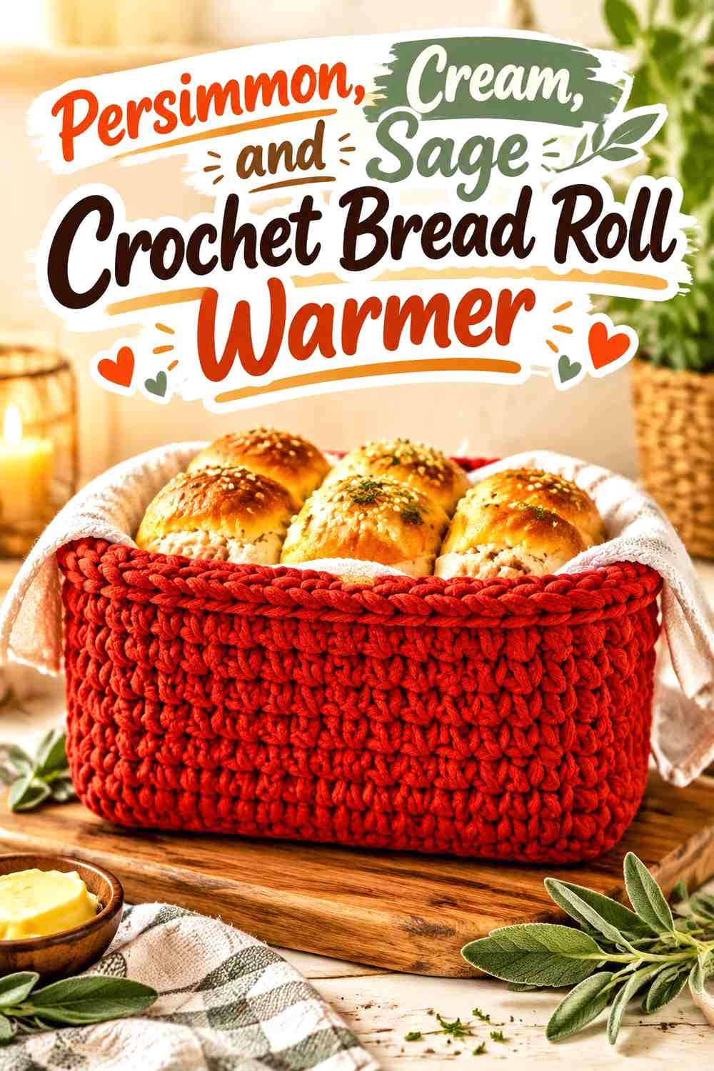 Persimmon, Cream, and Sage Crochet Bread Roll Warmer