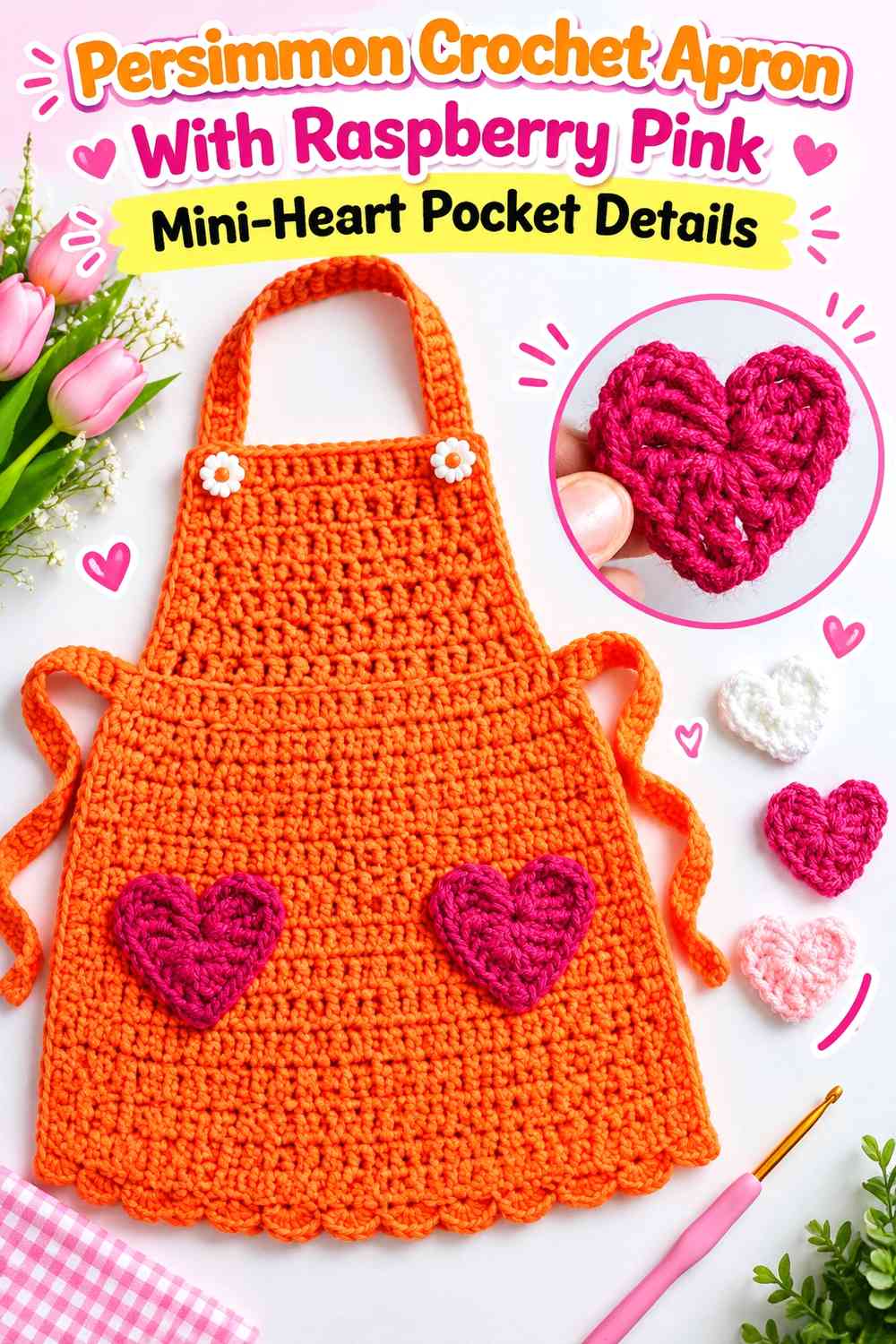 Persimmon Crochet Apron With Raspberry Pink Mini-Heart Pocket Details