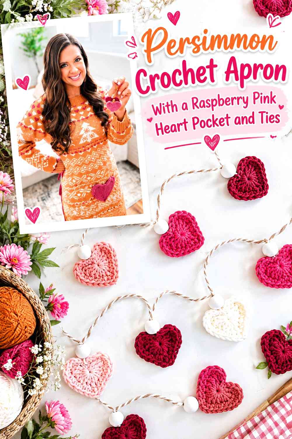 Persimmon Crochet Apron With a Raspberry Pink Heart Pocket and Ties
