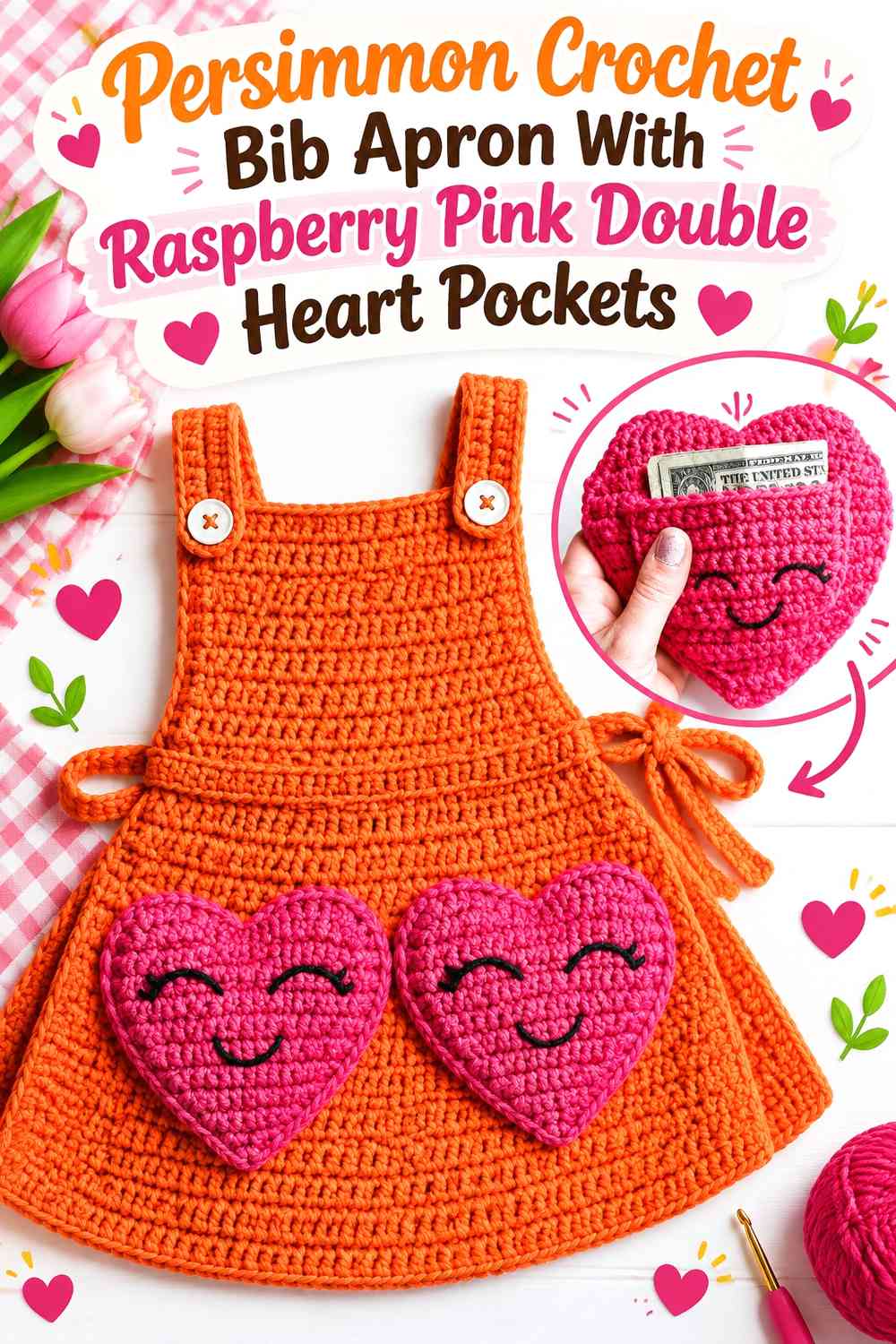 Persimmon Crochet Bib Apron With Raspberry Pink Double Heart Pockets