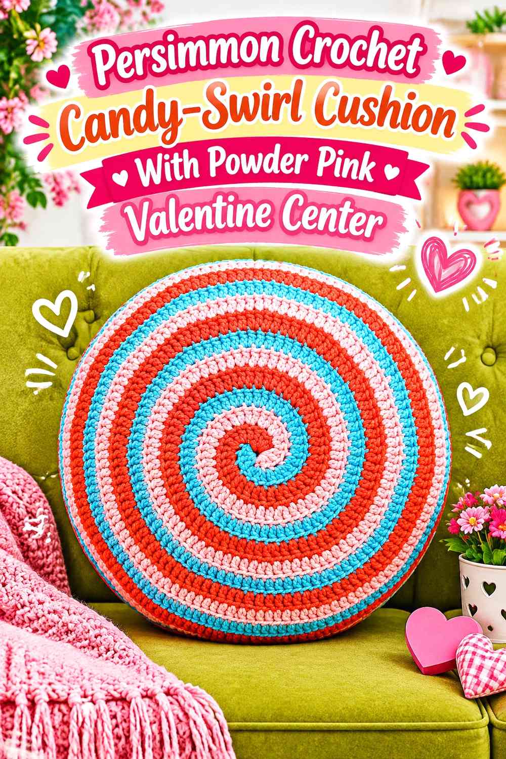Persimmon Crochet Candy-Swirl Cushion With Powder Pink Valentine Center