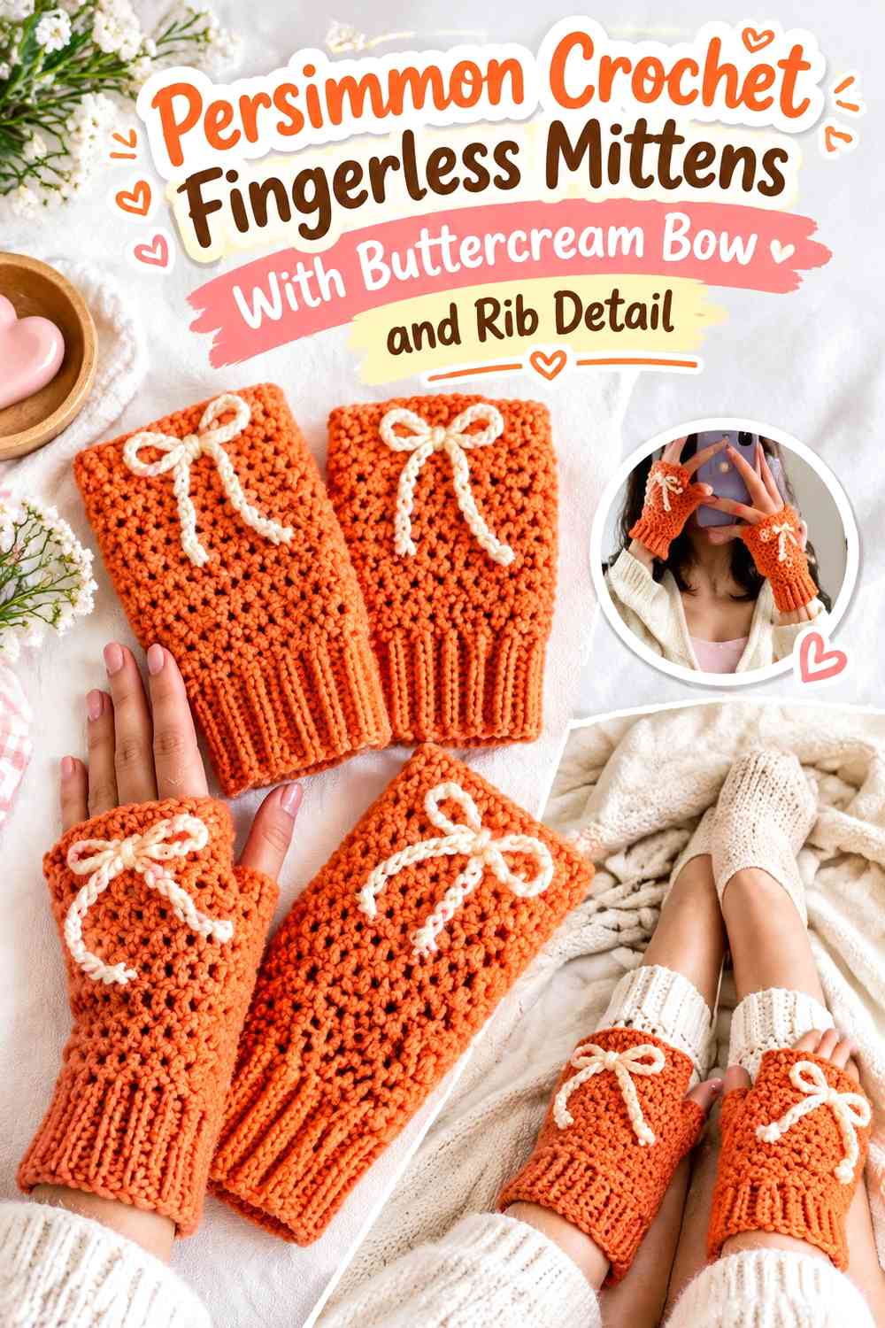 Persimmon Crochet Fingerless Mittens With Buttercream Bow and Rib Detail