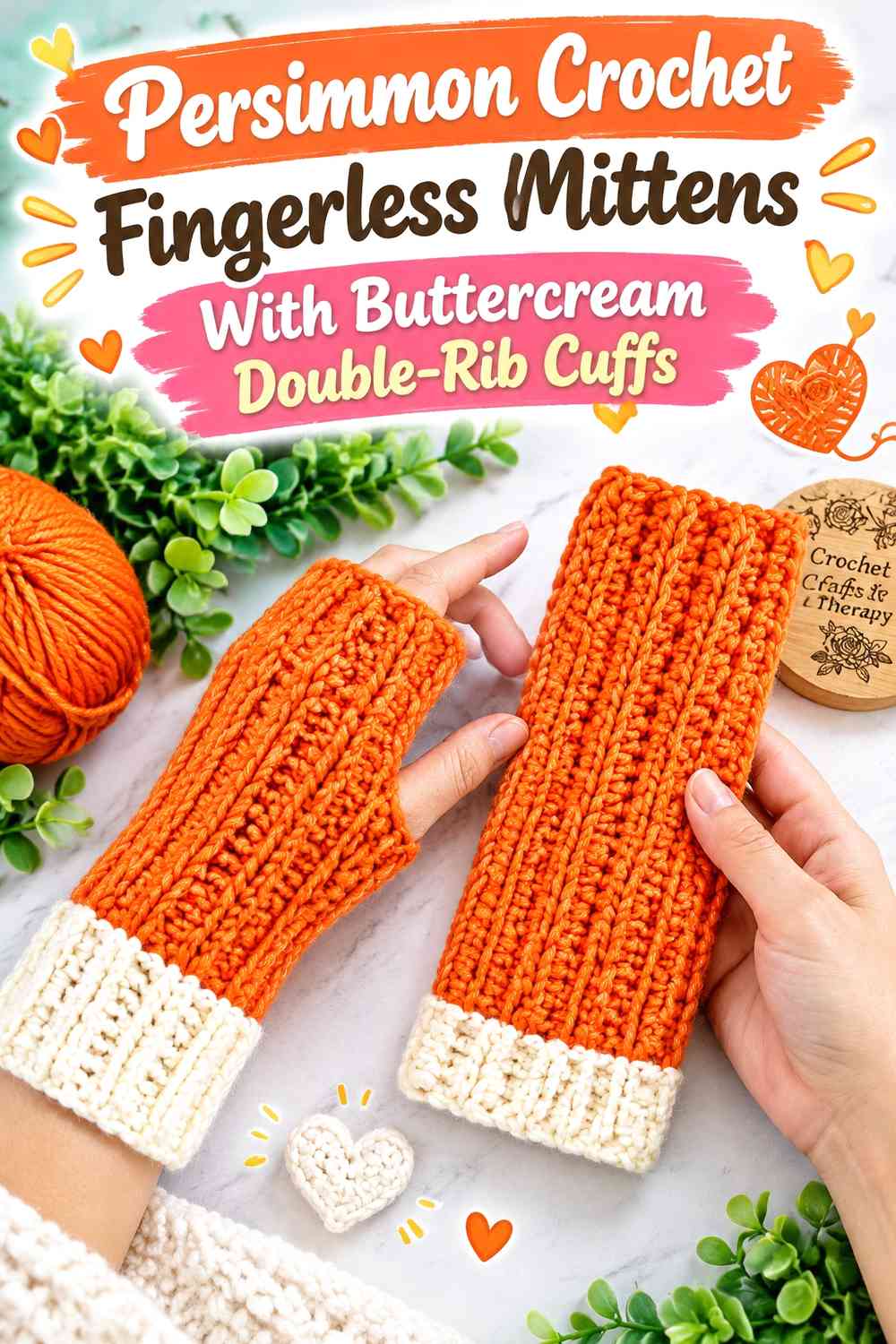 Persimmon Crochet Fingerless Mittens With Buttercream Double-Rib Cuffs
