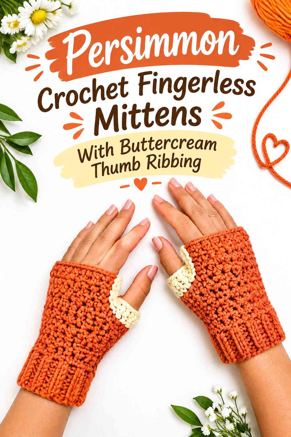 Persimmon Crochet Fingerless Mittens With Buttercream Thumb Ribbing