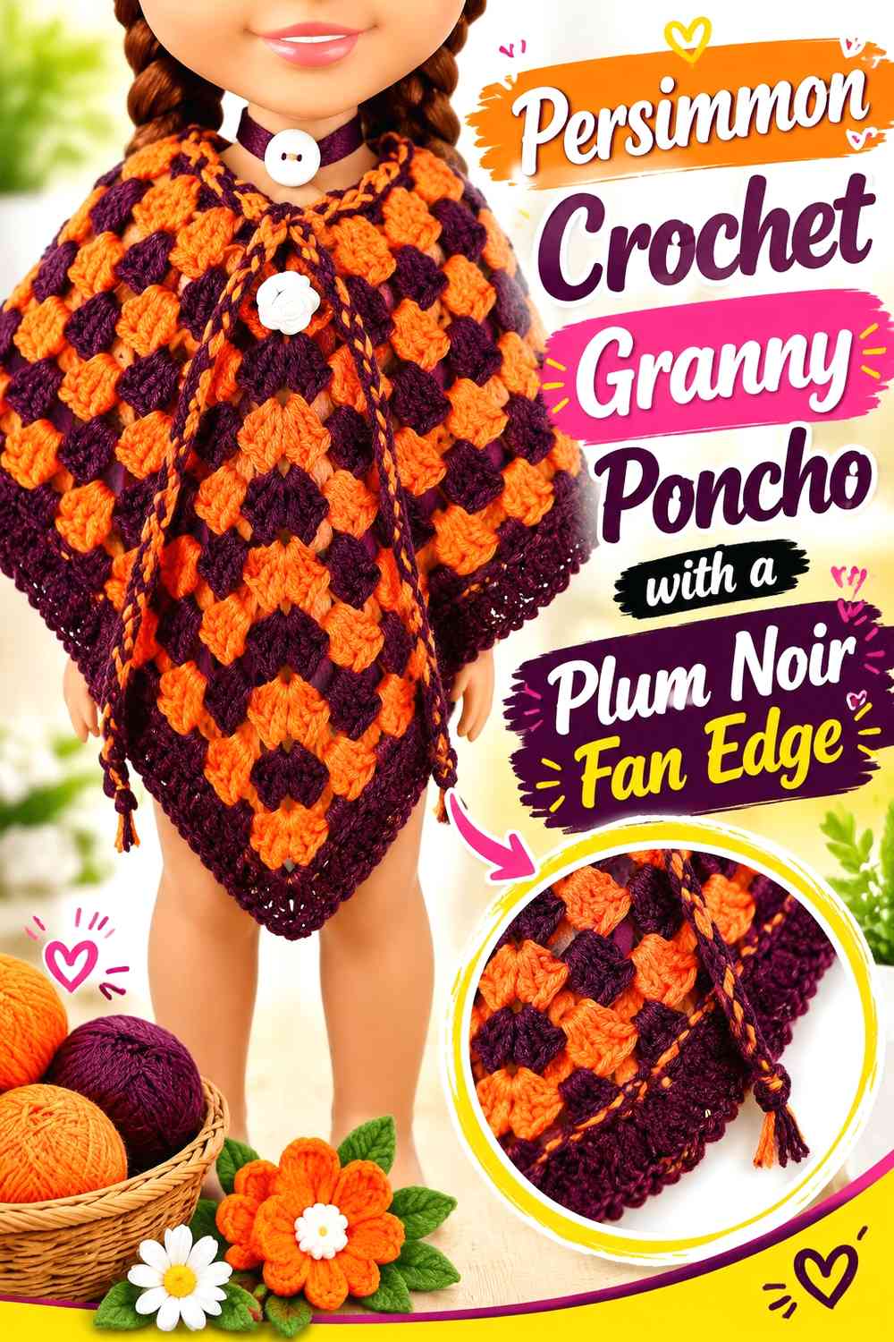 Persimmon Crochet Granny Poncho with a Plum Noir Fan Edge