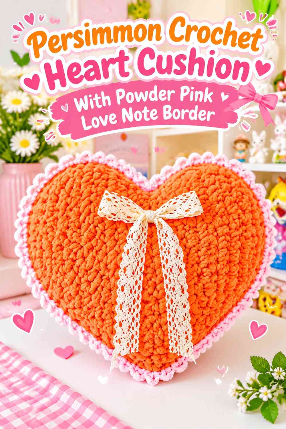 Persimmon Crochet Heart Cushion With Powder Pink Love Note Border