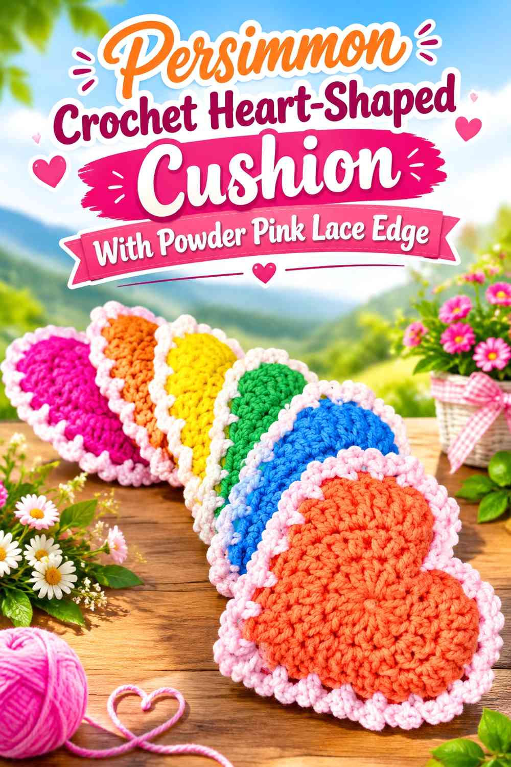 Persimmon Crochet Heart-Shaped Cushion With Powder Pink Lace Edge
