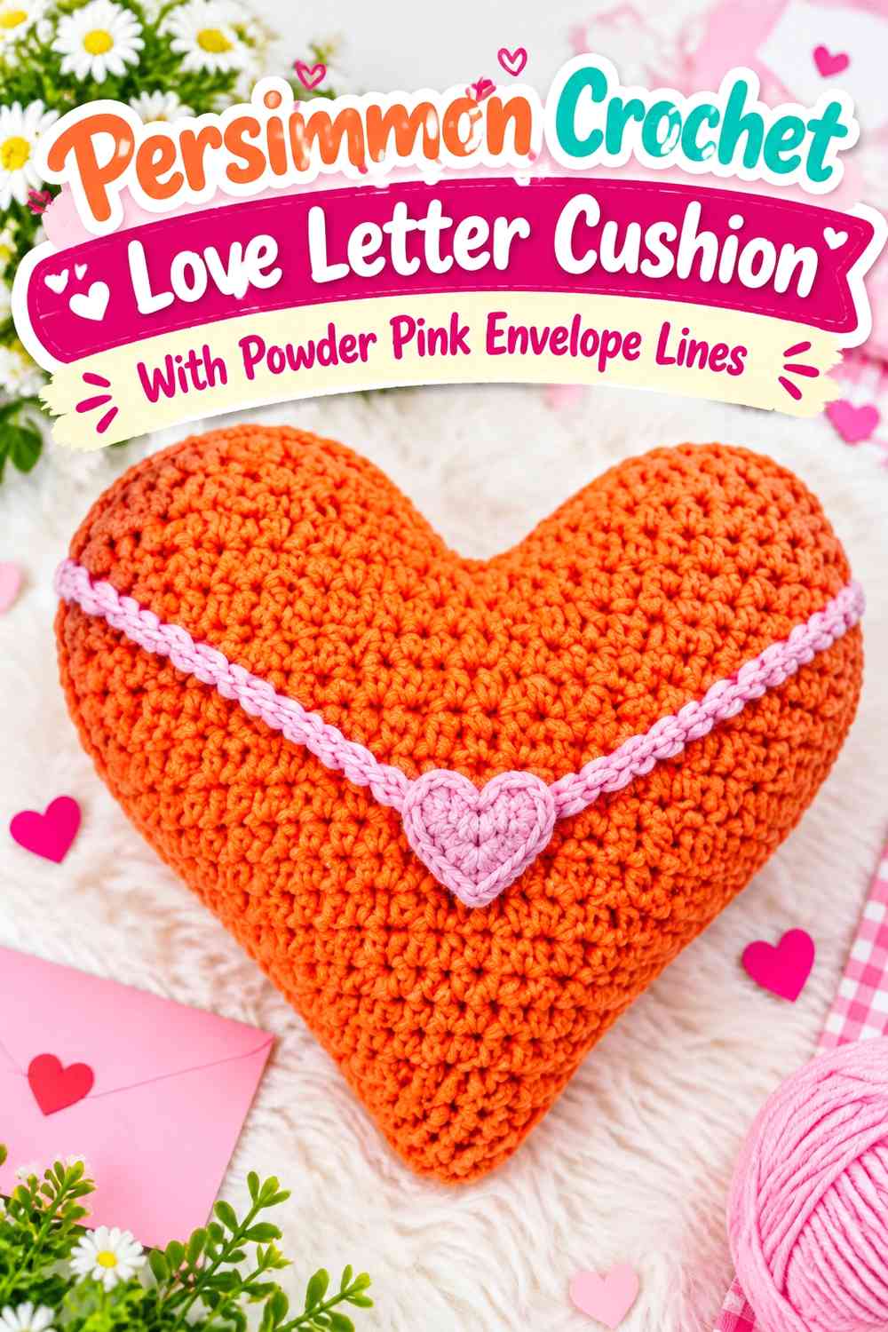Persimmon Crochet Love Letter Cushion With Powder Pink Envelope Lines
