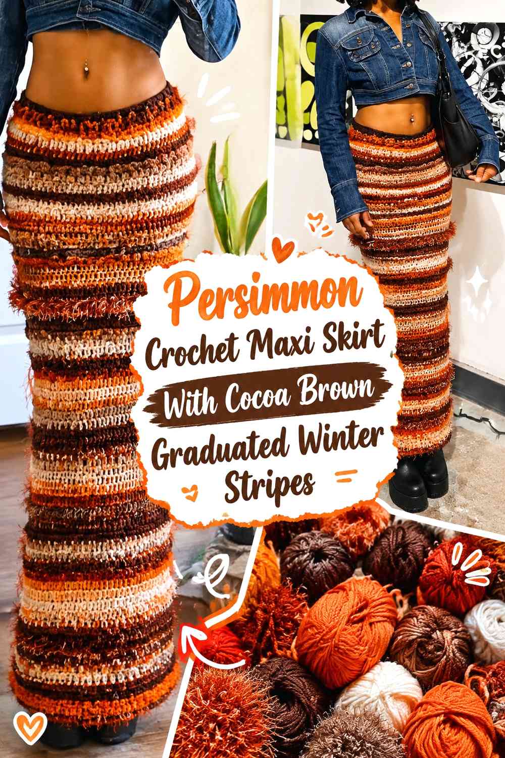 Persimmon Crochet Maxi Skirt With Cocoa Brown Graduated Winter Stripes