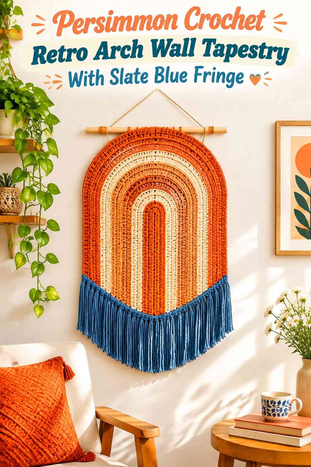 Persimmon Crochet Retro Arch Wall Tapestry With Slate Blue Fringe