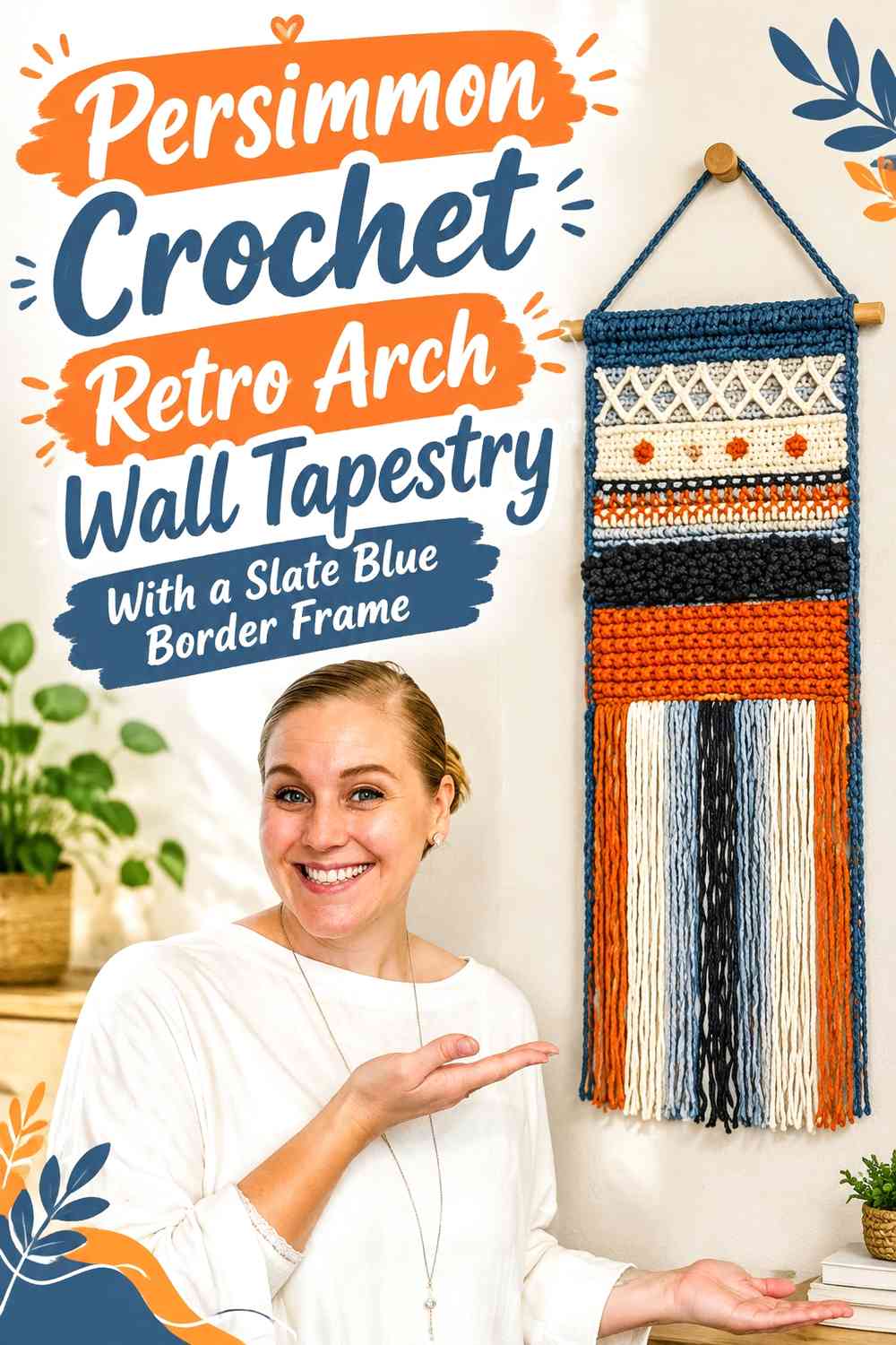 Persimmon Crochet Retro Arch Wall Tapestry With a Slate Blue Border Frame