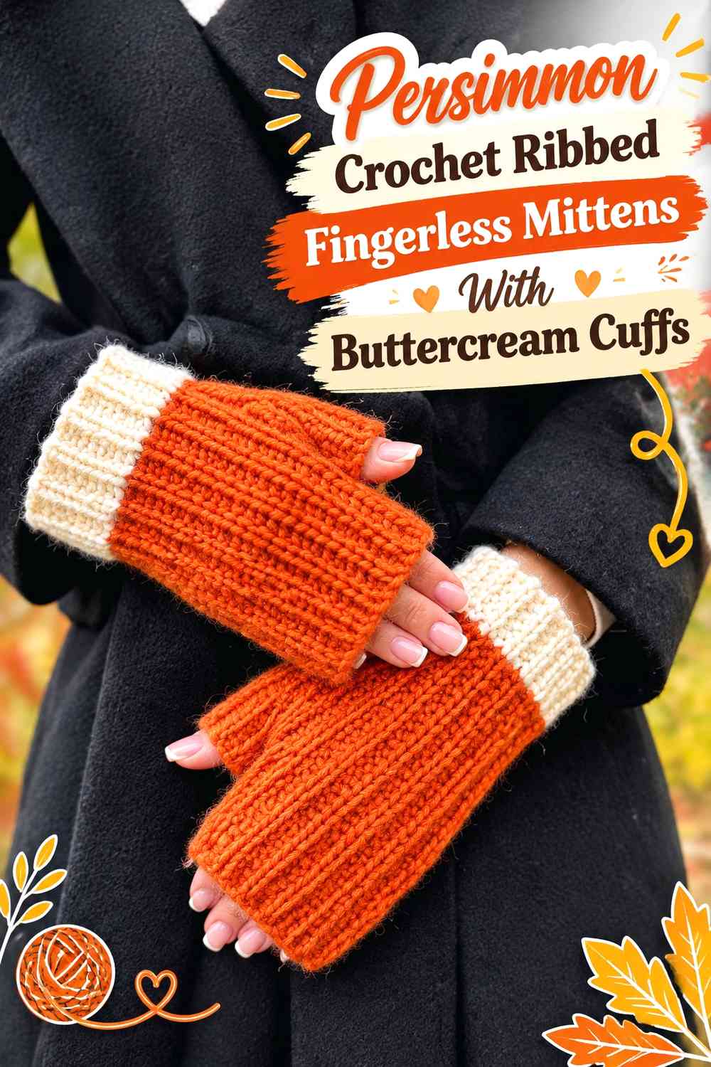 Persimmon Crochet Ribbed Fingerless Mittens With Buttercream Cuffs