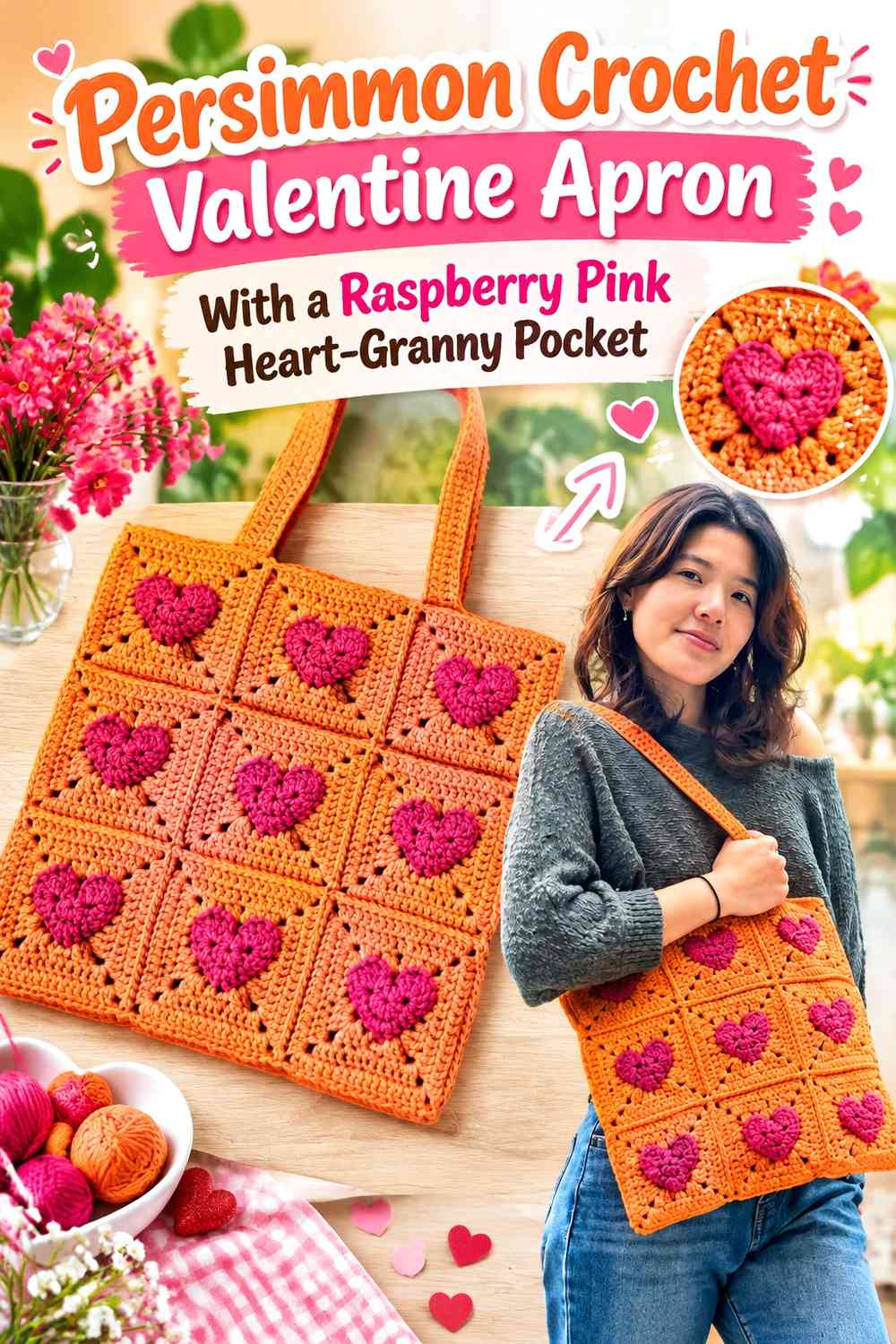 Persimmon Crochet Valentine Apron With a Raspberry Pink Heart-Granny Pocket