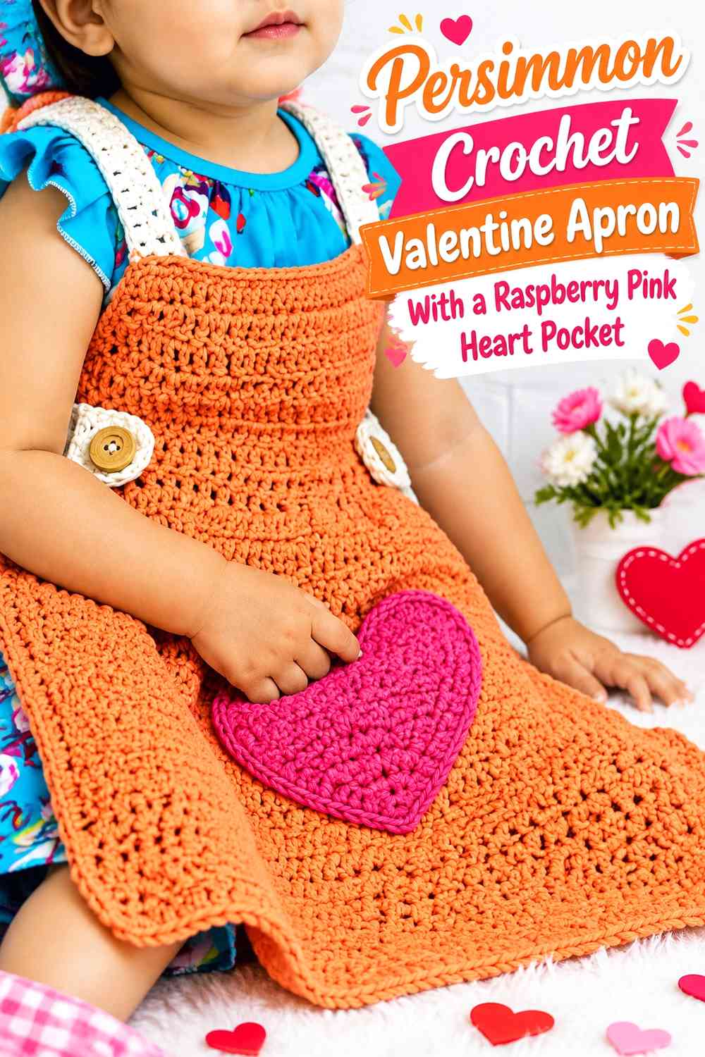 Persimmon Crochet Valentine Apron With a Raspberry Pink Heart Pocket