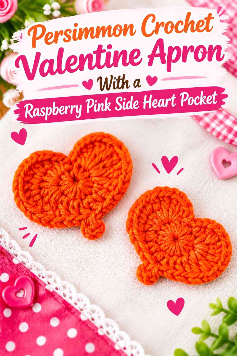 Persimmon Crochet Valentine Apron With a Raspberry Pink Side Heart Pocket