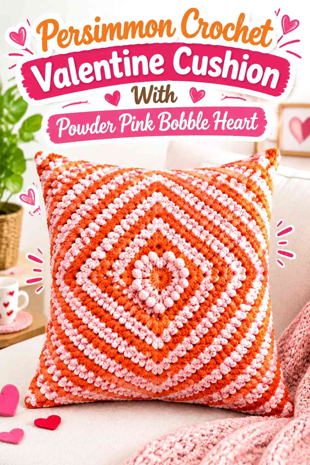 Persimmon Crochet Valentine Cushion With Powder Pink Bobble Heart