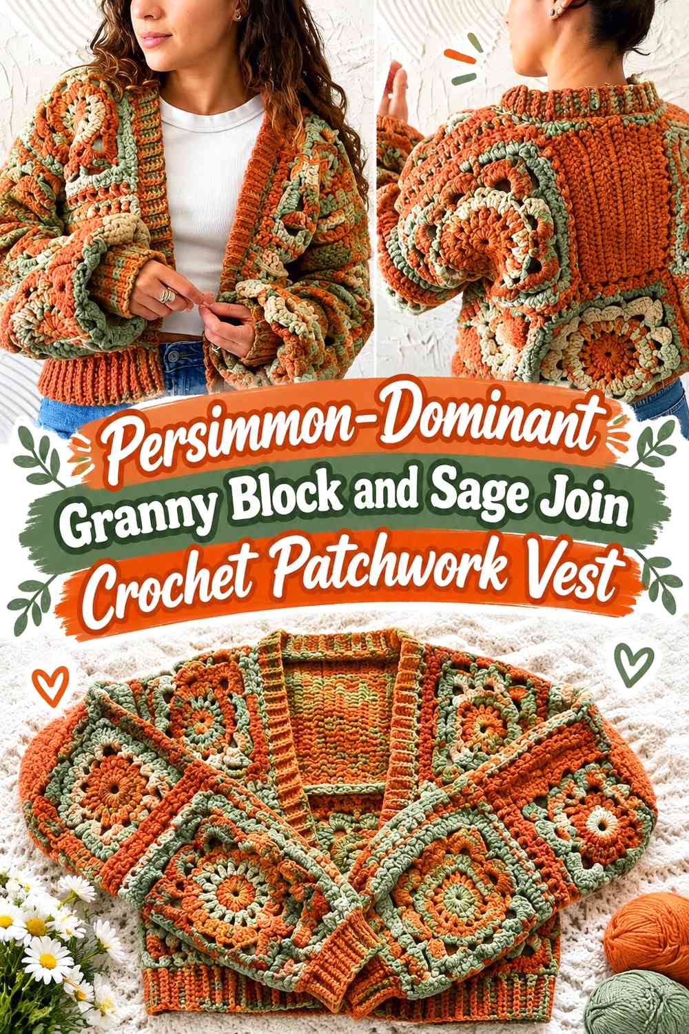 Persimmon-Dominant Granny Block and Sage Join Crochet Patchwork Vest