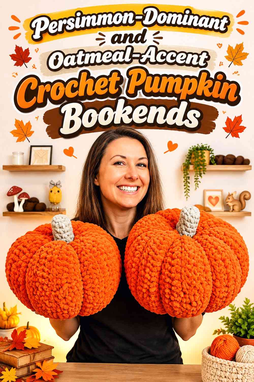 Persimmon-Dominant and Oatmeal-Accent Crochet Pumpkin Bookends