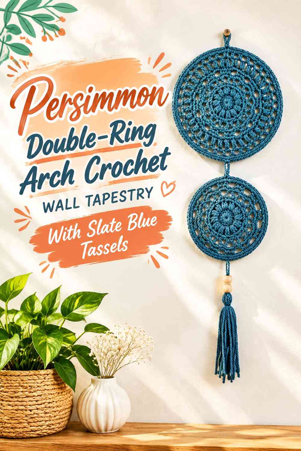 Persimmon Double-Ring Arch Crochet Wall Tapestry With Slate Blue Tassels