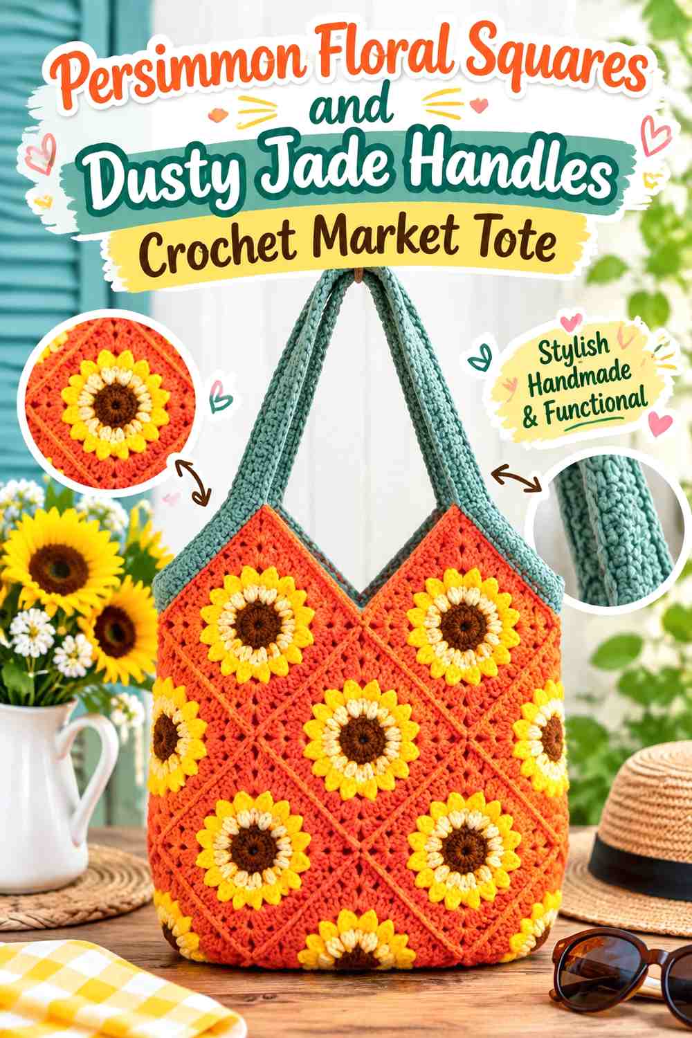 Persimmon Floral Squares and Dusty Jade Handles Crochet Market Tote